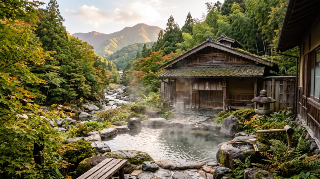 Steam rising from an outdoor rock onsen bath at a traditional Japanese satoyama-style hot spring bathhouse near Hakone, surrounded by maple trees