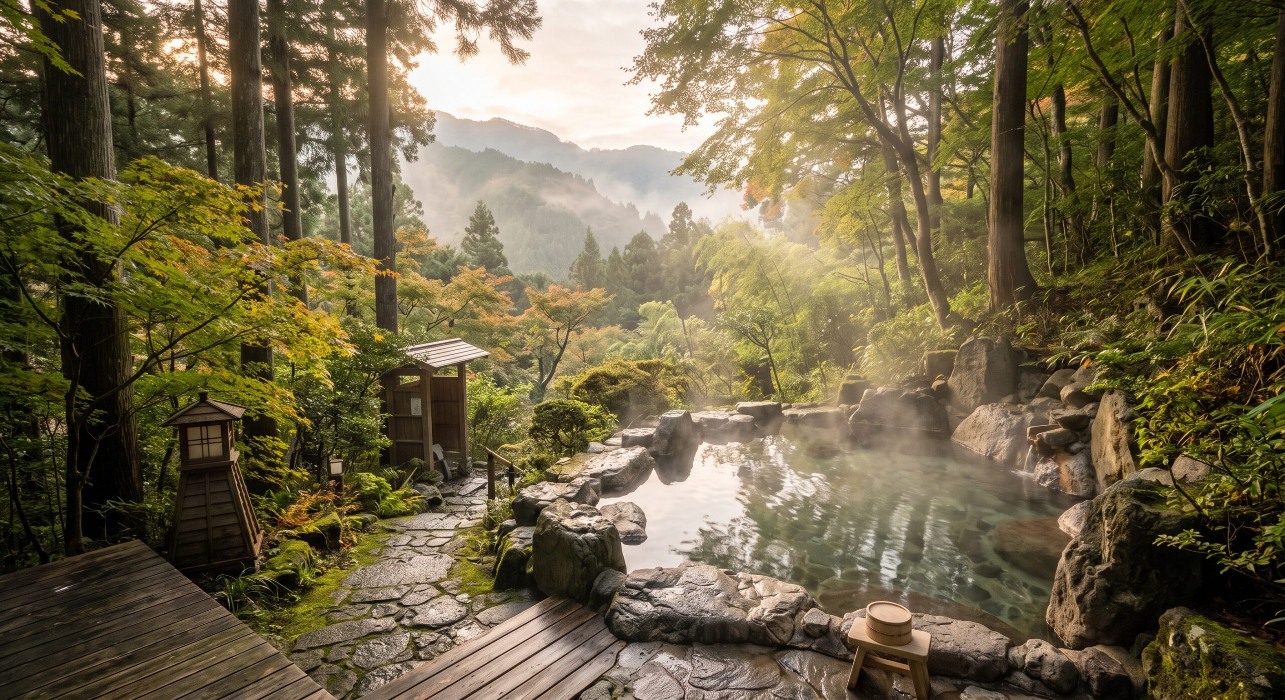 Steaming natural rock open-air bath in soft morning light on a wooded hillside above Hakone