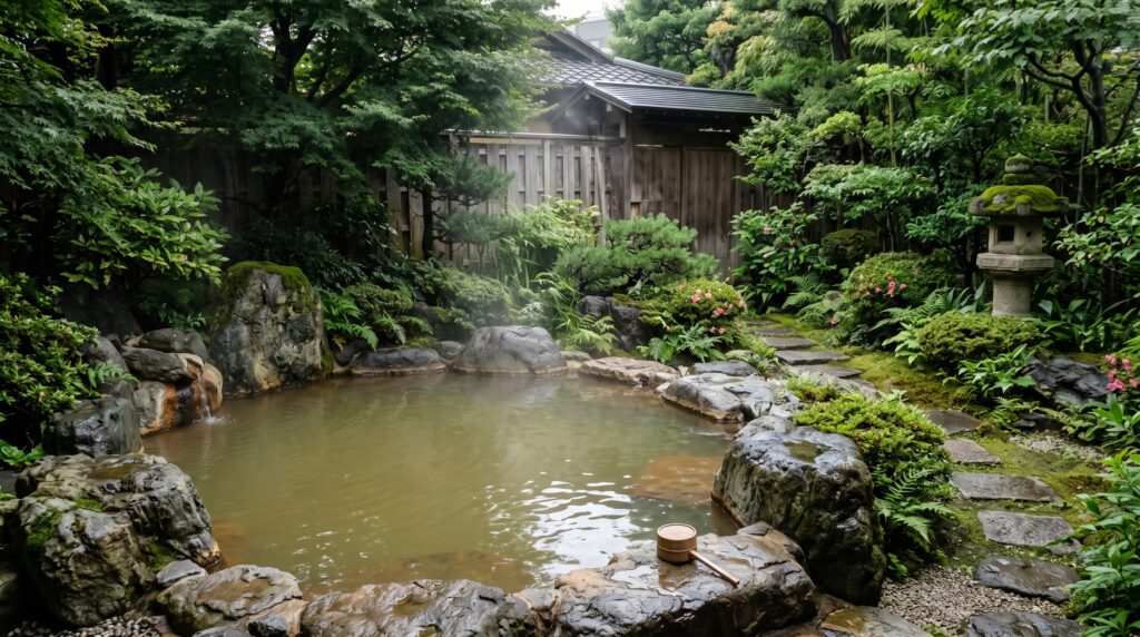 Greenish natural hot spring water in a rock open-air bath surrounded by a traditional Japanese garden