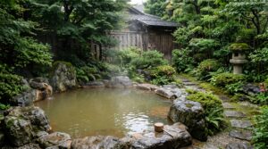 Greenish natural hot spring water in a rock open-air bath surrounded by a traditional Japanese garden