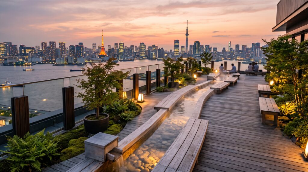 Tokyo Toyosu Manyo Club rooftop onsen with bay view