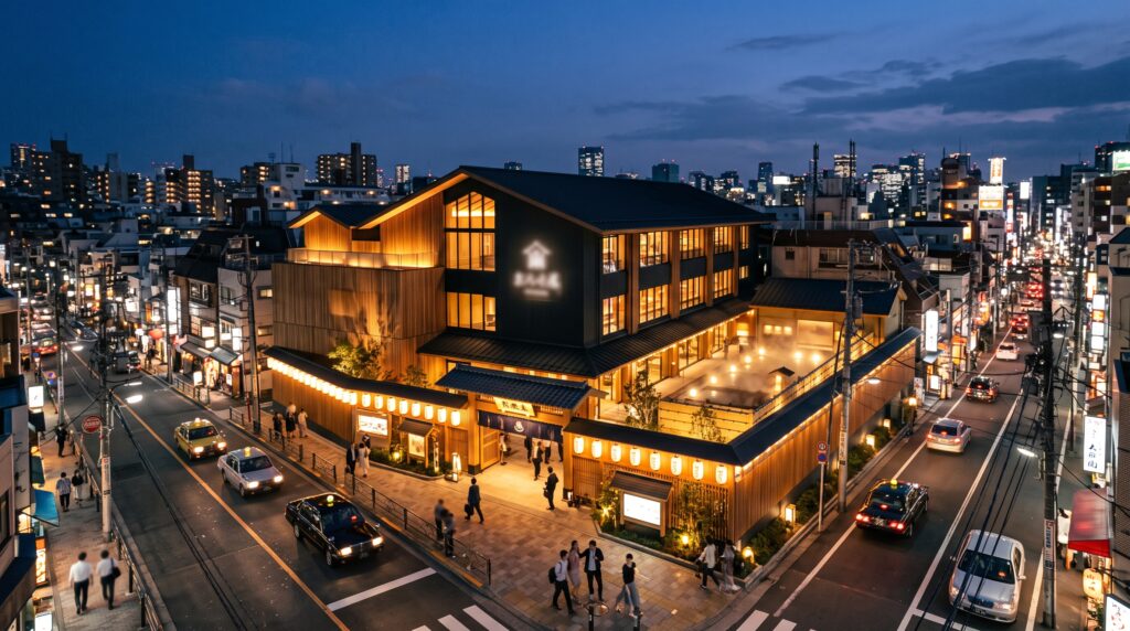 Tennen Onsen Heiwajima complex at dusk