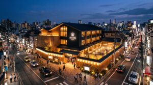 Tennen Onsen Heiwajima complex at dusk